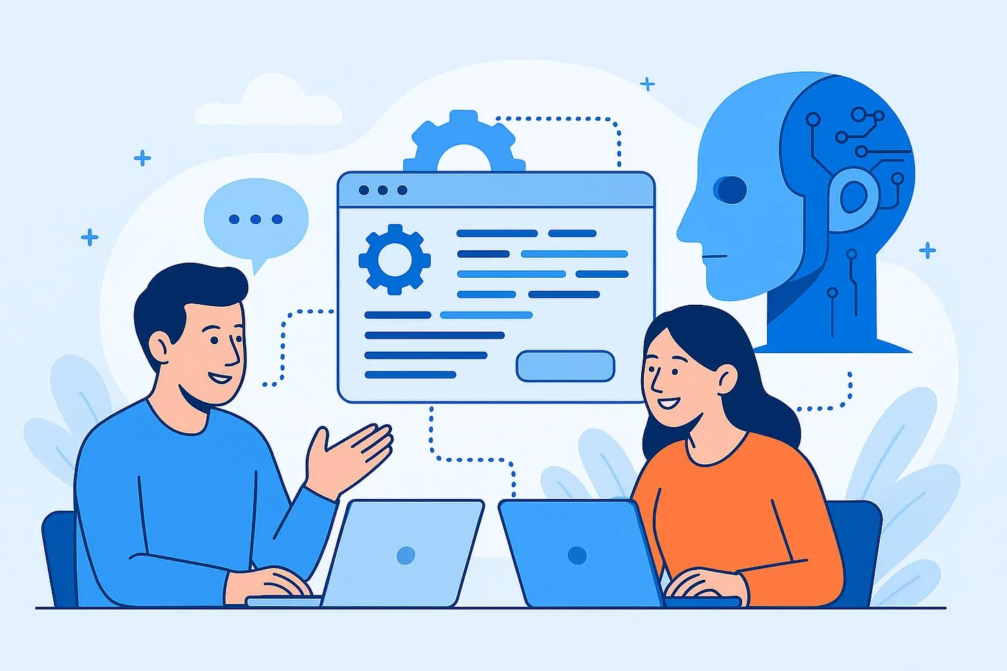 Two business professionals working on laptops with a conversational AI interface displayed above them, featuring chat bubbles and an AI brain with circuit patterns, representing easy AI implementation through natural conversation