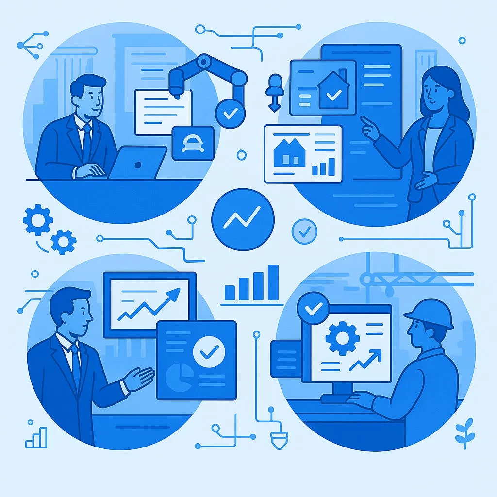 Clean infographic showing industry icons (legal scales, car, house, financial graph, and manufacturing gear) each with upward arrows and positive metrics, illustrating successful AI implementation across legal, automotive, real estate, financial services, and manufacturing sectors
