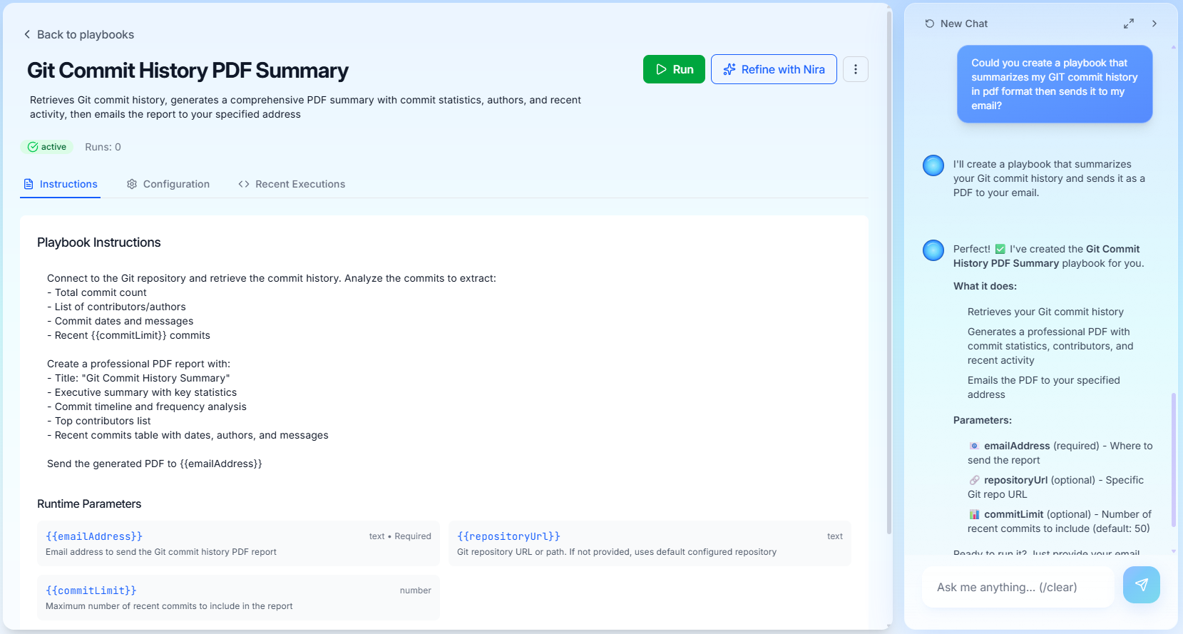 Example conversation with Nira building an automation