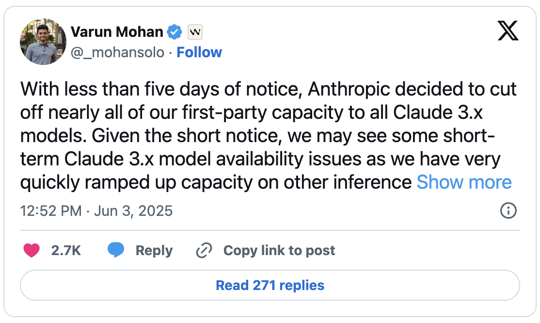 Windsurf CEO Varun Mohan breaks the news to over 1 million developers on X